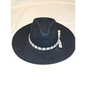 Brixton Black Felt Wide Brim Fedora Hat with Striped Ribbon Band Pinched Crown L